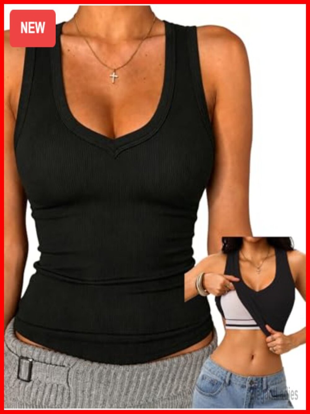 Built in Bra Tank Top Women Racerback Ribbed Sleeveless V Neck Fitted